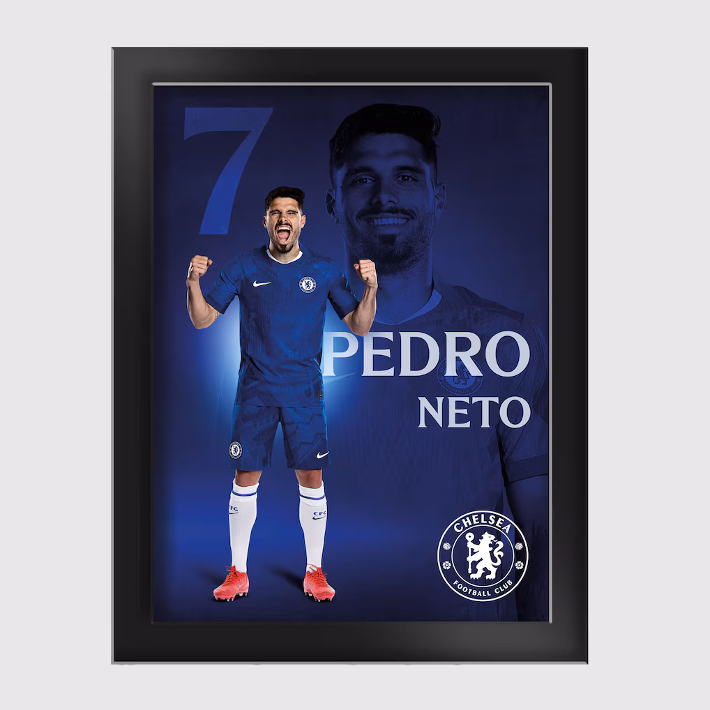 Chelsea Chelsea Chelsea Pedro Neto 2025-26 Tempered Glass Frame – 6 x 8 Jerseys – Premium Chelsea Gear Jerseys - Premium Chelsea Gear