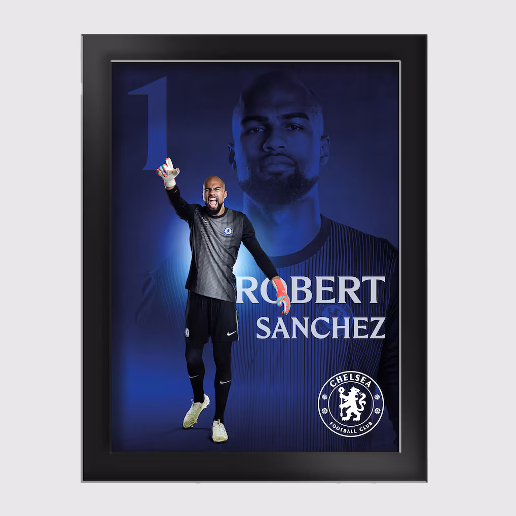 Chelsea Chelsea Chelsea Robert Sanchez 2025-26 Tempered Glass Frame – 6 x 8 Jerseys – Premium Chelsea Gear Jerseys - Premium Chelsea Gear