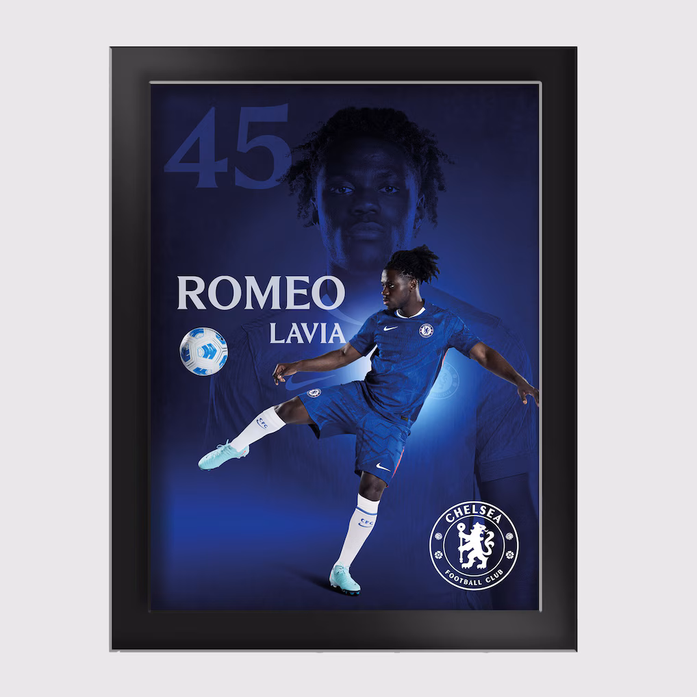 Chelsea Chelsea Chelsea Romeo Lavia 2025-26 Tempered Glass Frame – 6 x 8 Jerseys – Premium Chelsea Gear Jerseys - Premium Chelsea Gear