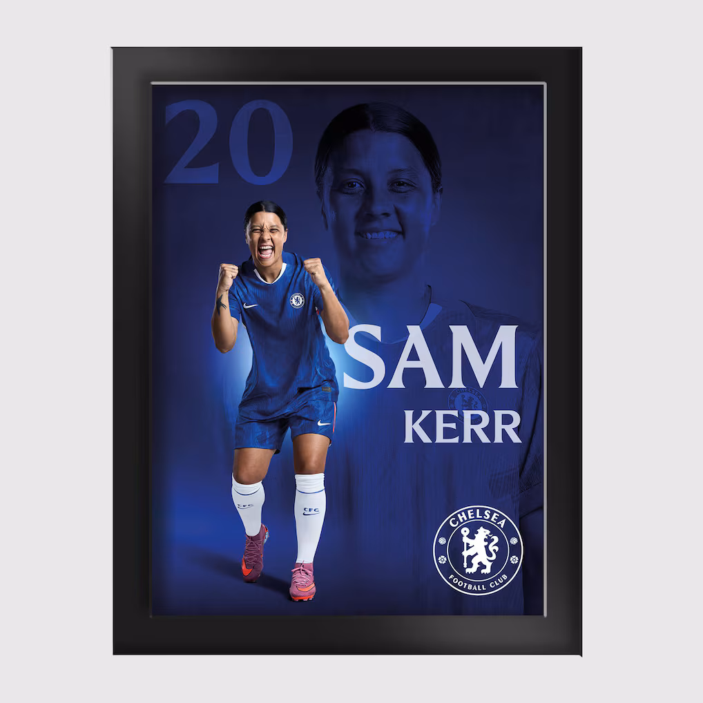 Chelsea Chelsea Chelsea Sam Kerr 2025-26 Tempered Glass Frame – 6 x 8 Jerseys – Premium Chelsea Gear Jerseys - Premium Chelsea Gear