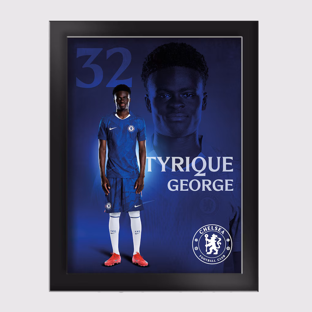 Chelsea Chelsea Chelsea Tyrique George 2025-26 Tempered Glass Frame – 6 x 8 Jerseys – Premium Chelsea Gear Jerseys - Premium Chelsea Gear