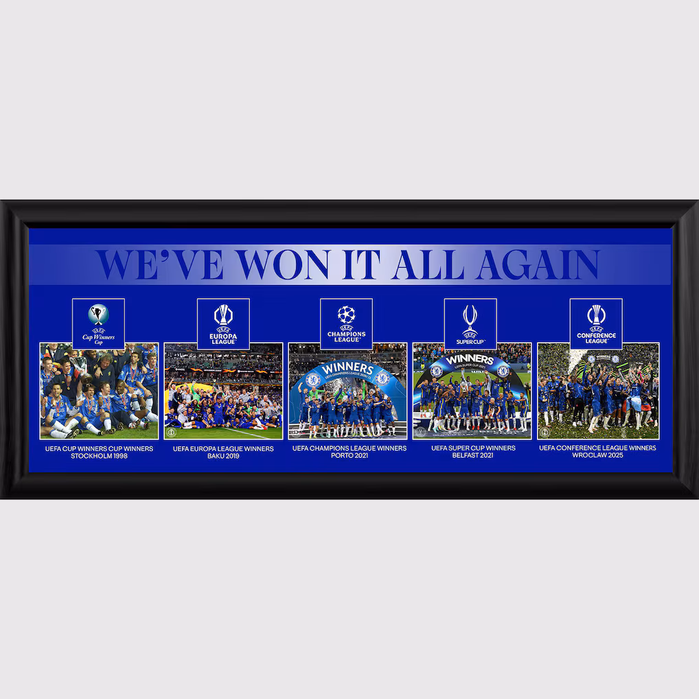 Chelsea Chelsea Chelsea UEFA We’ve Won It All’ Montage 30 Inch Frame Jerseys – Premium Chelsea Gear Jerseys - Premium Chelsea Gear