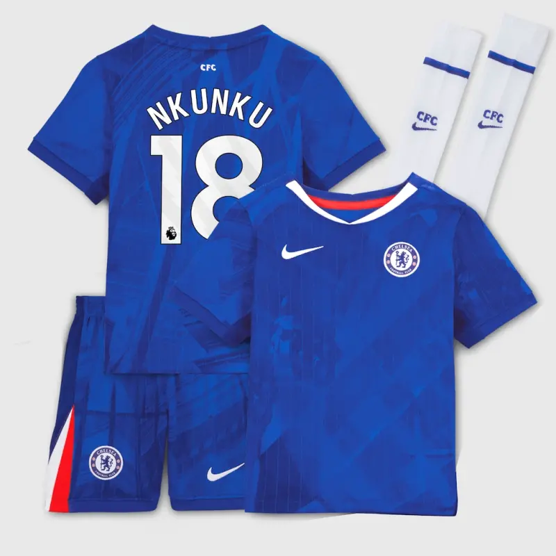 Chelsea Chelsea Nike Home Stadium Kit 2025-26 – Little Youth with Nkunku 18 printing Jerseys - Premium Chelsea Gear
